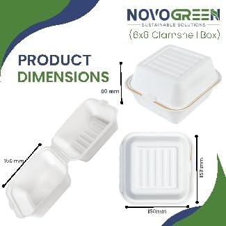 NOVOGREEN 6x6 Inch Square White Compostable Bagasse Clamshell Takeaway Boxes – Heavy-Duty, 400ml, Pack of 50 – Eco-Friendly Food Containers for Restaurants, Picnics, and Events