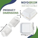 NOVOGREEN 6x6 Inch Square White Compostable Bagasse Clamshell Takeaway Boxes – Heavy-Duty, 400ml, Pack of 50 – Eco-Friendly Food Containers for Restaurants, Picnics, and Events