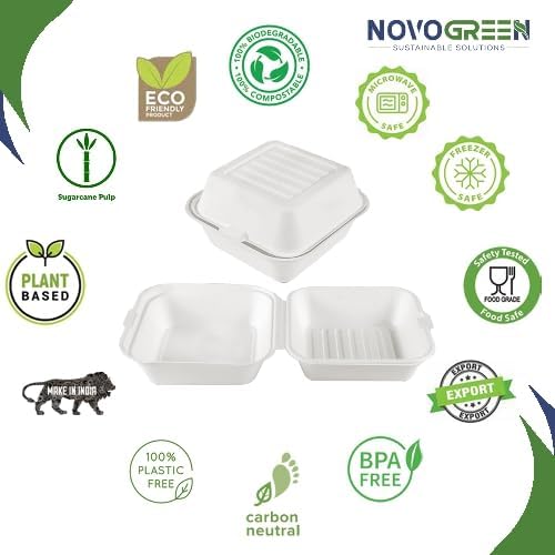 NOVOGREEN 6x6 Inch Square White Compostable Bagasse Clamshell Takeaway Boxes – Heavy-Duty, 400ml, Pack of 50 – Eco-Friendly Food Containers for Restaurants, Picnics, and Events