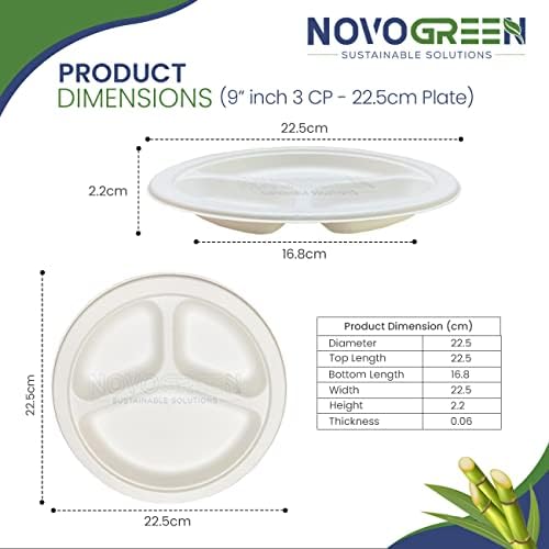 Novogreen - 100% Compostable & Biodegradable Plant Based Disposable Plates (9 Inch 3 Compartment) - Pack of 50