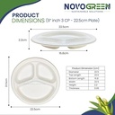 Novogreen - 100% Compostable & Biodegradable Plant Based Disposable Plates (9 Inch 3 Compartment) - Pack of 50
