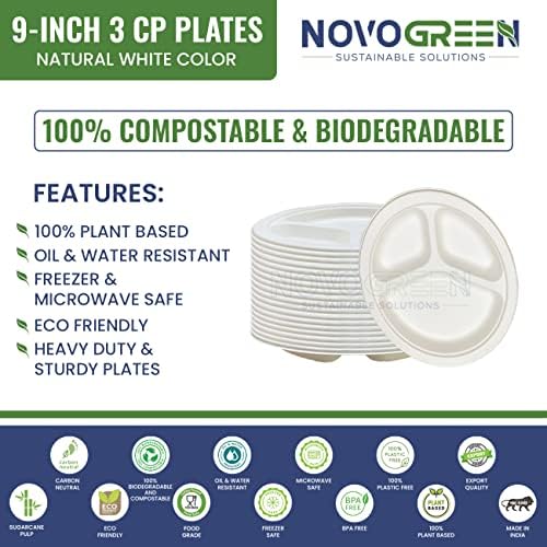 Novogreen - 100% Compostable & Biodegradable Plant Based Disposable Plates (9 Inch 3 Compartment) - Pack of 50