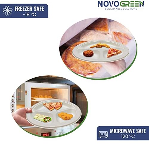 Novogreen - 100% Compostable & Biodegradable Plant Based Disposable Plates (9 Inch 3 Compartment) - Pack of 50