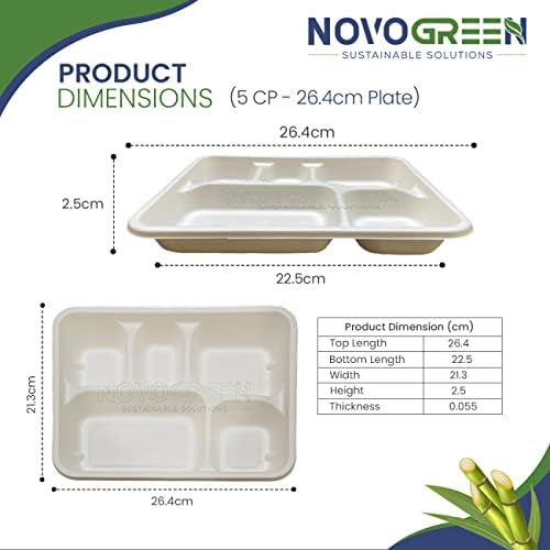 Novogreen - 100% Compostable & Biodegradable Plant Based Disposable Plates (5 Compartment) - Pack of 50 Plates