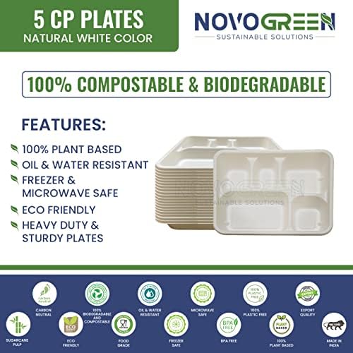 Novogreen - 100% Compostable & Biodegradable Plant Based Disposable Plates (5 Compartment) - Pack of 50 Plates