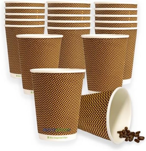 NOVOGREEN 12 oz Heavy Duty Compostable Rippled Coffee Paper Cups - Light & Dark Brown Checker, Eco-Friendly - Pack of 50