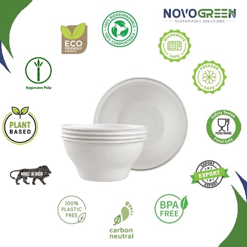 NOVOGREEN 6oz White Compostable Bagasse Bowls – Heavy-Duty, Round, Pack of 50 – Eco-Friendly Biodegradable Tableware for Parties, Events, and Everyday Use