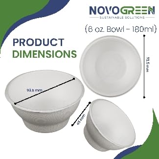 NOVOGREEN 6oz White Compostable Bagasse Bowls – Heavy-Duty, Round, Pack of 50 – Eco-Friendly Biodegradable Tableware for Parties, Events, and Everyday Use