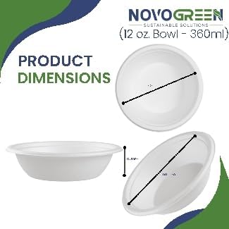 NOVOGREEN 12oz White Compostable Bagasse Bowls – Heavy-Duty, Round, Pack of 50 – Eco-Friendly Biodegradable Tableware for Parties, Events, and Everyday Use