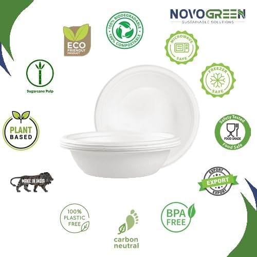 NOVOGREEN 12oz White Compostable Bagasse Bowls – Heavy-Duty, Round, Pack of 50 – Eco-Friendly Biodegradable Tableware for Parties, Events, and Everyday Use