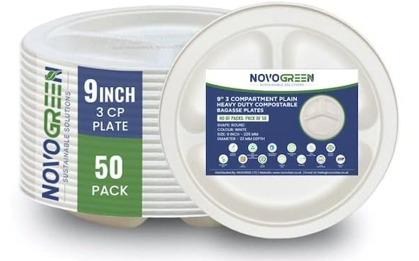 9" 3 Compartment Heavy Duty Compostable Bagasse Plates