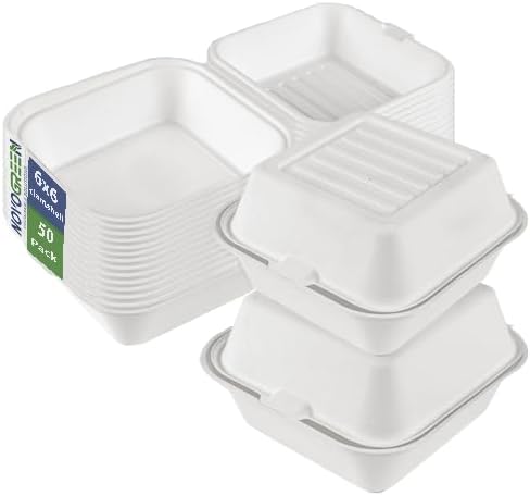 6 X 6" Heavy Duty Compostable Bagasse Clamshell Boxes (400 ml)