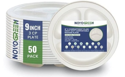 9" 3 Compartment Heavy Duty Compostable Bagasse Plates