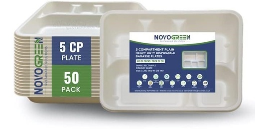 [NF5P50W] 5 Compartment School Meal Tray Bagasse Plates (Pack of 50)